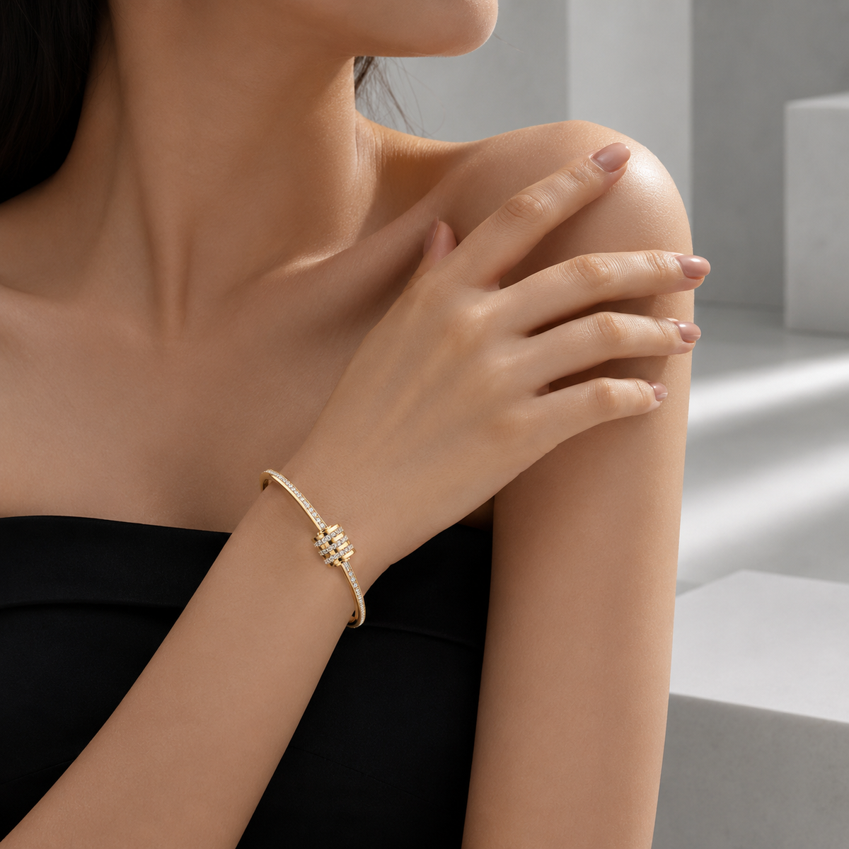 Zeroxo | 18K Gold Plated Triple-Row Pave Diamond Barrel Hinged Bangle