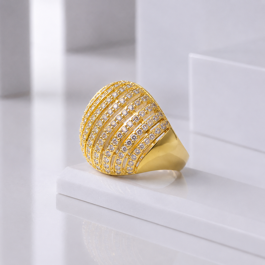 Zeroxo | 18K Gold Plated Arched Ribbed Dome Pave Cocktail Ring