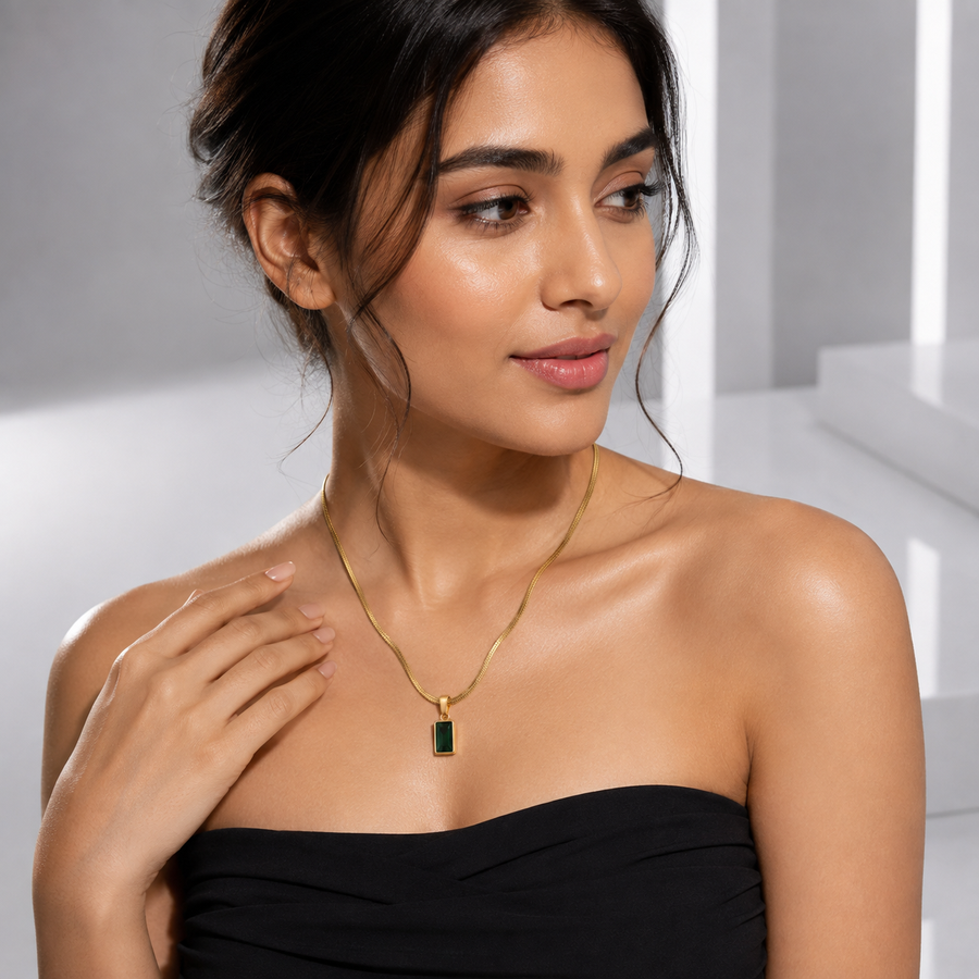 Zeroxo | 18K Gold Plated Emerald Green Baguette Pendant Snake Chain Necklace