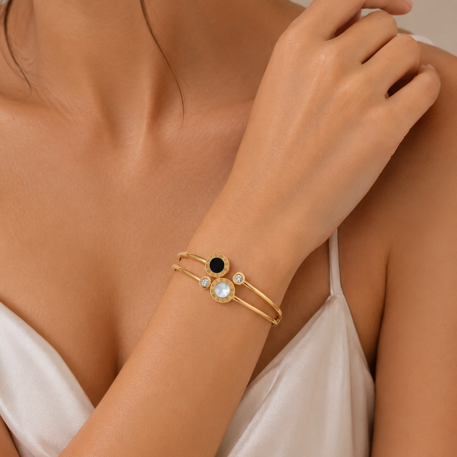Zeroxo | 18K Gold Plated Dual-Row Roman Numeral Bypass Bangle