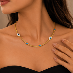 Zeroxo | 18K Gold Plated Evil Eye Station Mesh Chain Necklace
