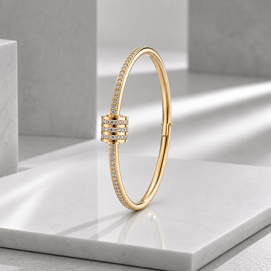 Zeroxo | 18K Gold Plated Triple-Row Pave Diamond Barrel Hinged Bangle