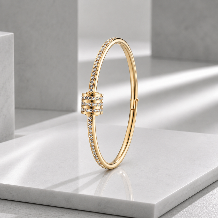 Zeroxo | 18K Gold Plated Triple-Row Pave Diamond Barrel Hinged Bangle