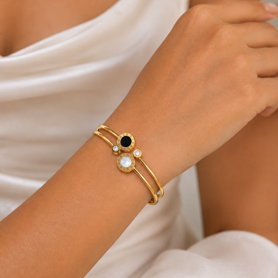 Zeroxo | 18K Gold Plated Dual-Row Roman Numeral Bypass Bangle