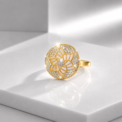 Zeroxo | 18K Gold Plated Floral Filigree Pave Medallion Cocktail Ring