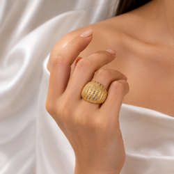 Zeroxo | 18K Gold Plated Arched Ribbed Dome Pave Cocktail Ring
