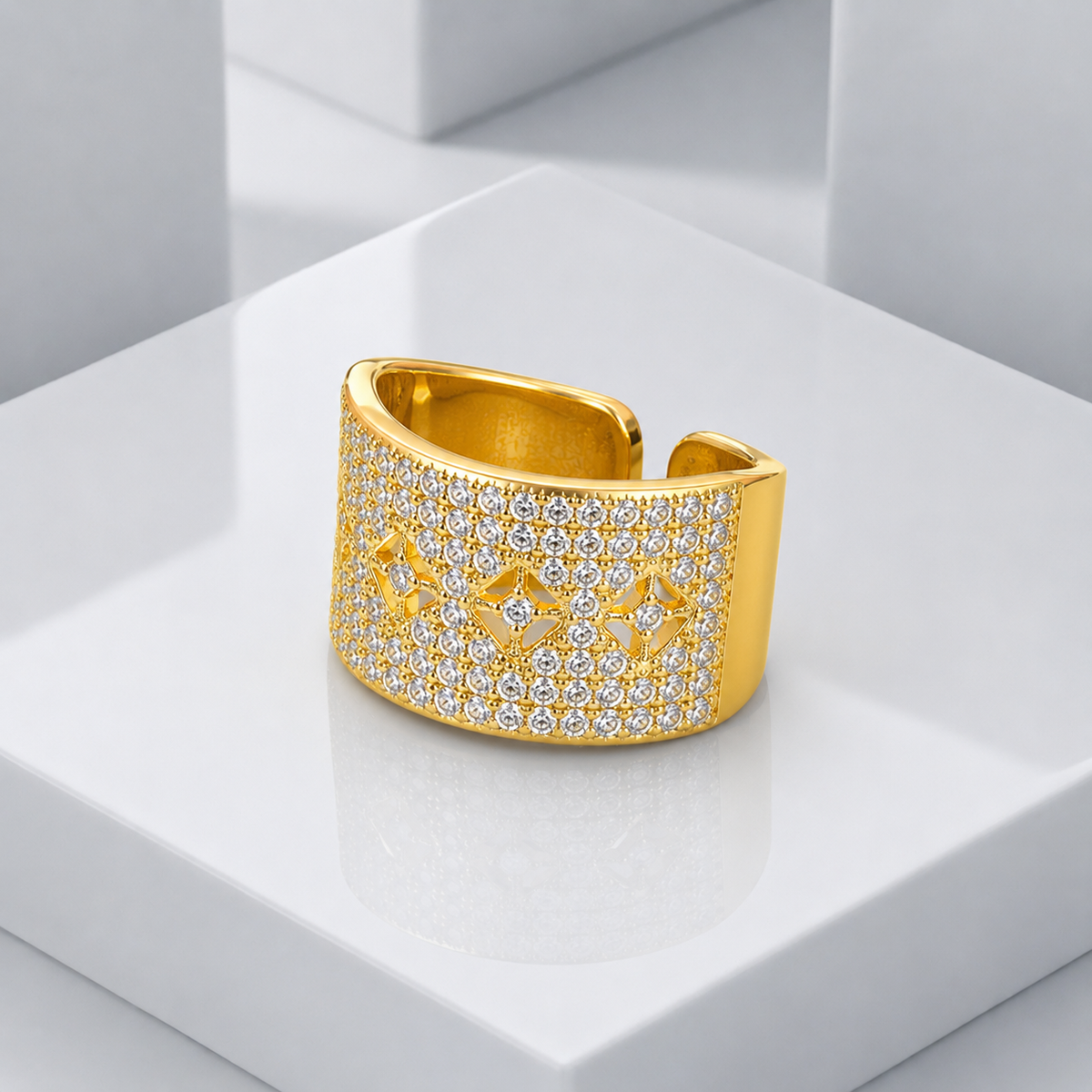 Zeroxo | 18K Gold Plated Wide Pave Geometric Star Open Ring