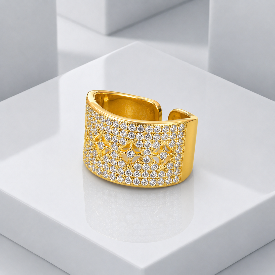 Zeroxo | 18K Gold Plated Wide Pave Geometric Star Open Ring
