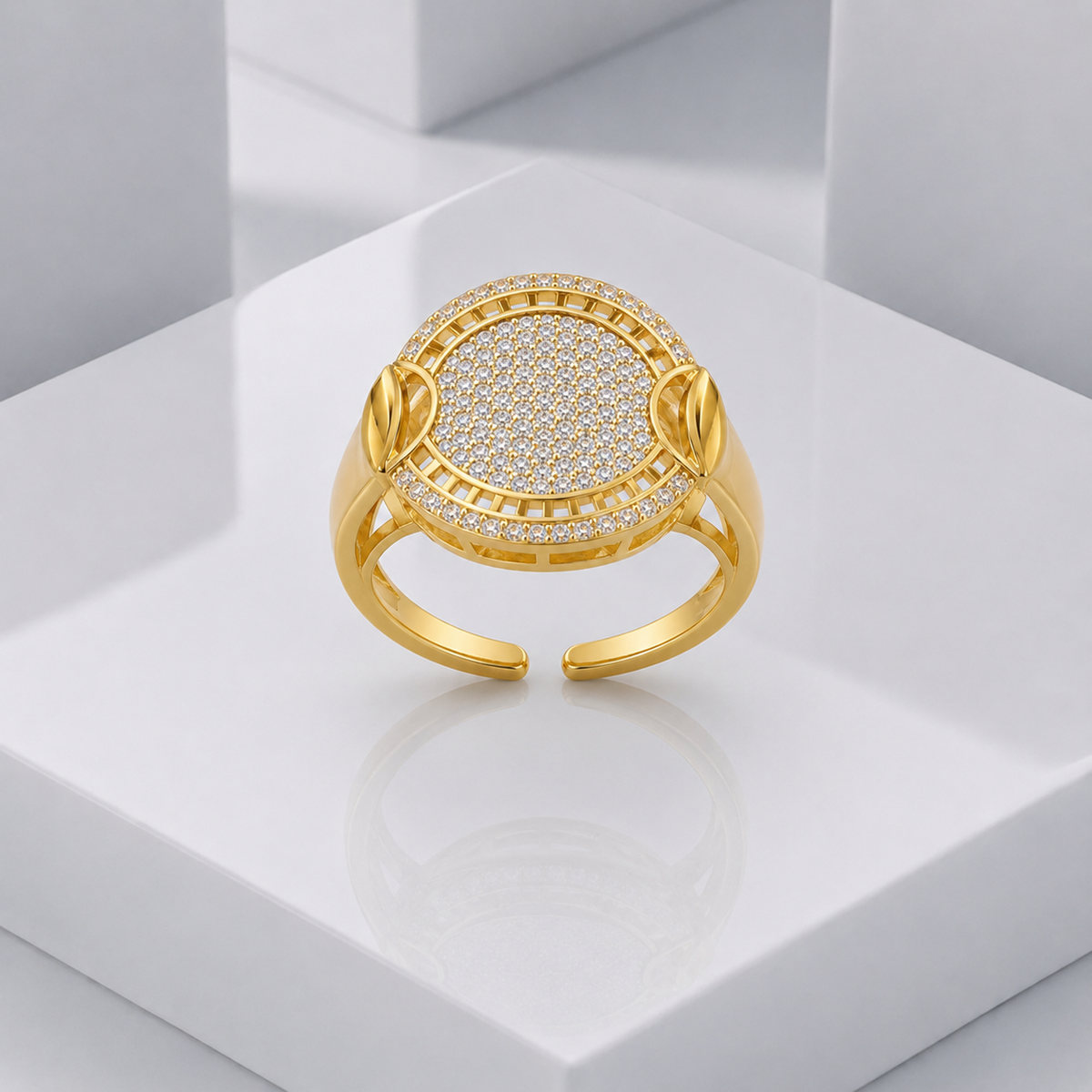 Zeroxo | 18K Gold Plated Double-Halo Micro-Pave Medallion Cocktail Ring
