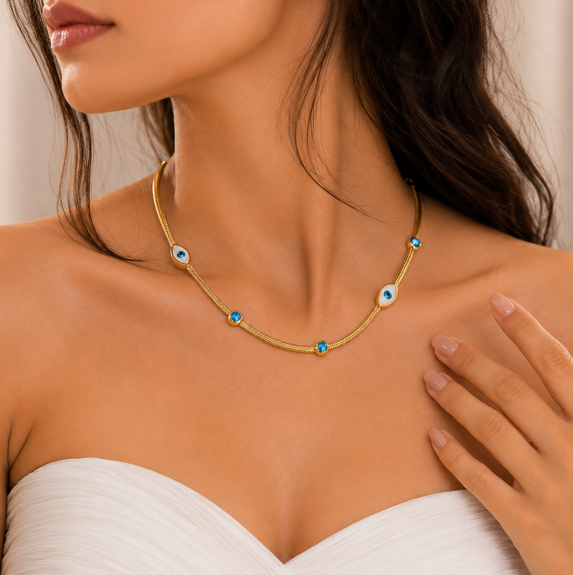 Zeroxo | 18K Gold Plated Evil Eye Station Mesh Chain Necklace