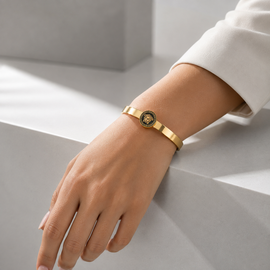 Zeroxo | 18K Gold Plated Greek Medusa Medallion Flat Cuff Bangle For Men