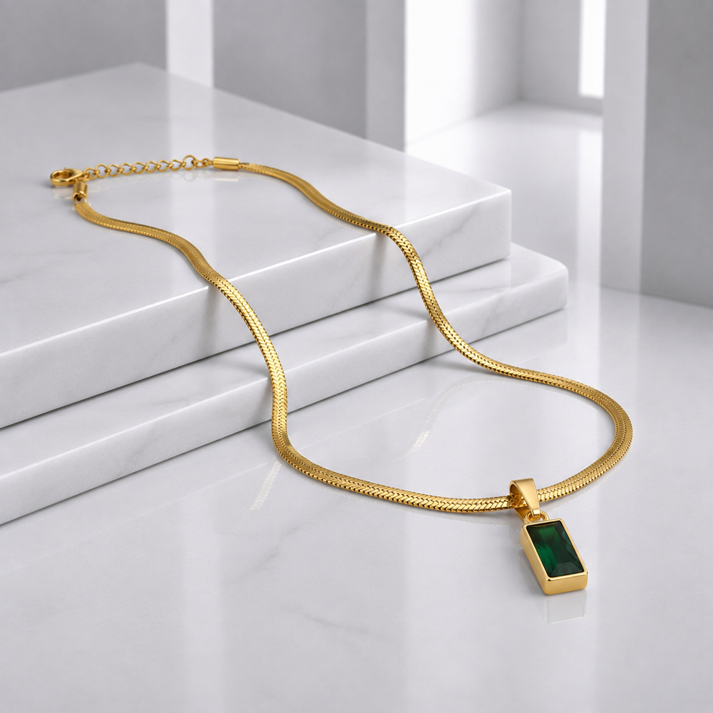Zeroxo | 18K Gold Plated Emerald Green Baguette Pendant Snake Chain Necklace