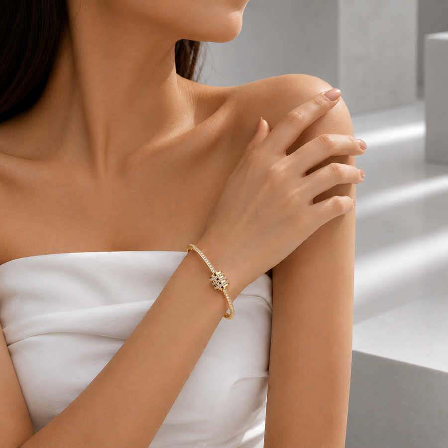 Zeroxo | 18K Gold Plated Triple-Row Pave Diamond Barrel Hinged Bangle
