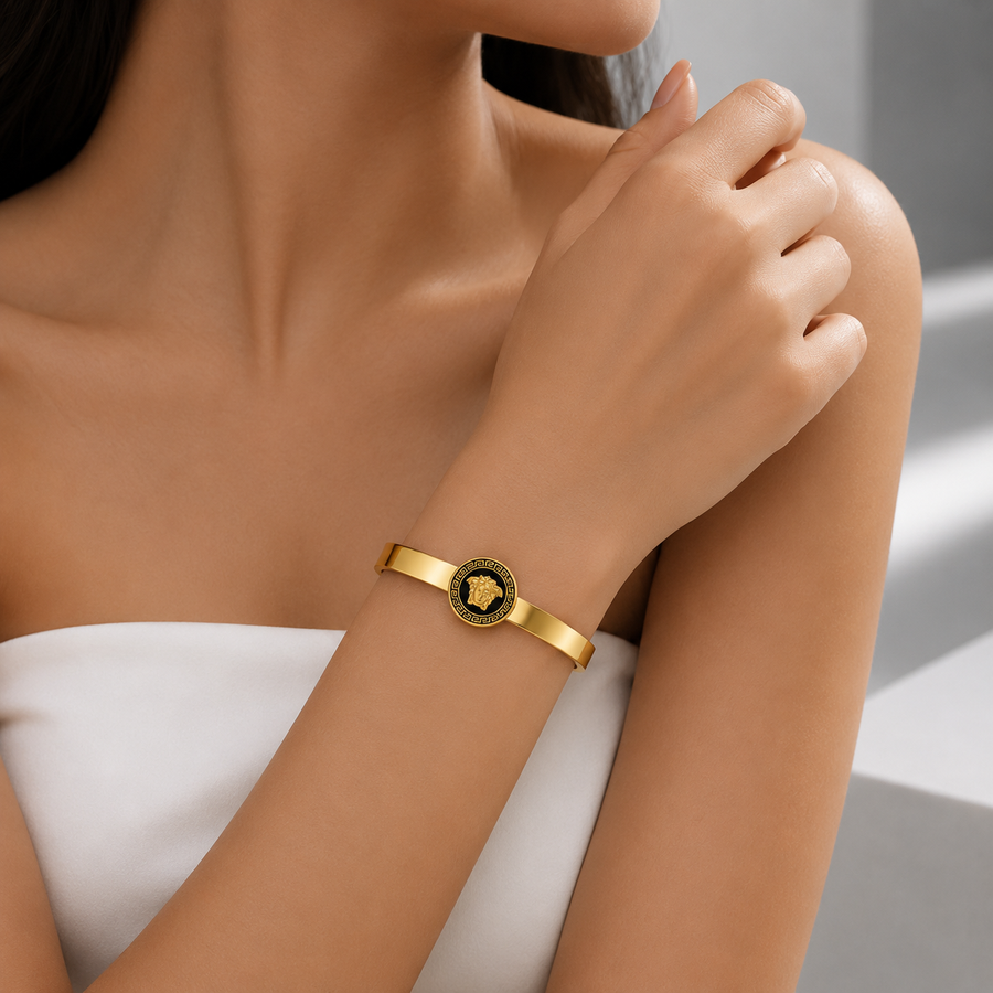 Zeroxo | 18K Gold Plated Greek Medusa Medallion Flat Cuff Bangle