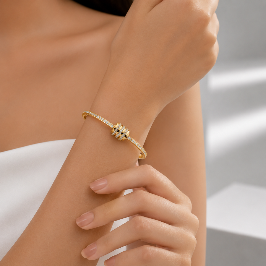 Zeroxo | 18K Gold Plated Triple-Row Pave Diamond Barrel Hinged Bangle