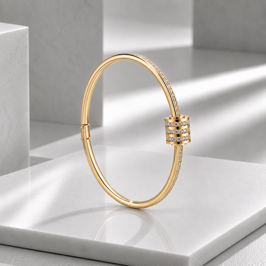 Zeroxo | 18K Gold Plated Triple-Row Pave Diamond Barrel Hinged Bangle