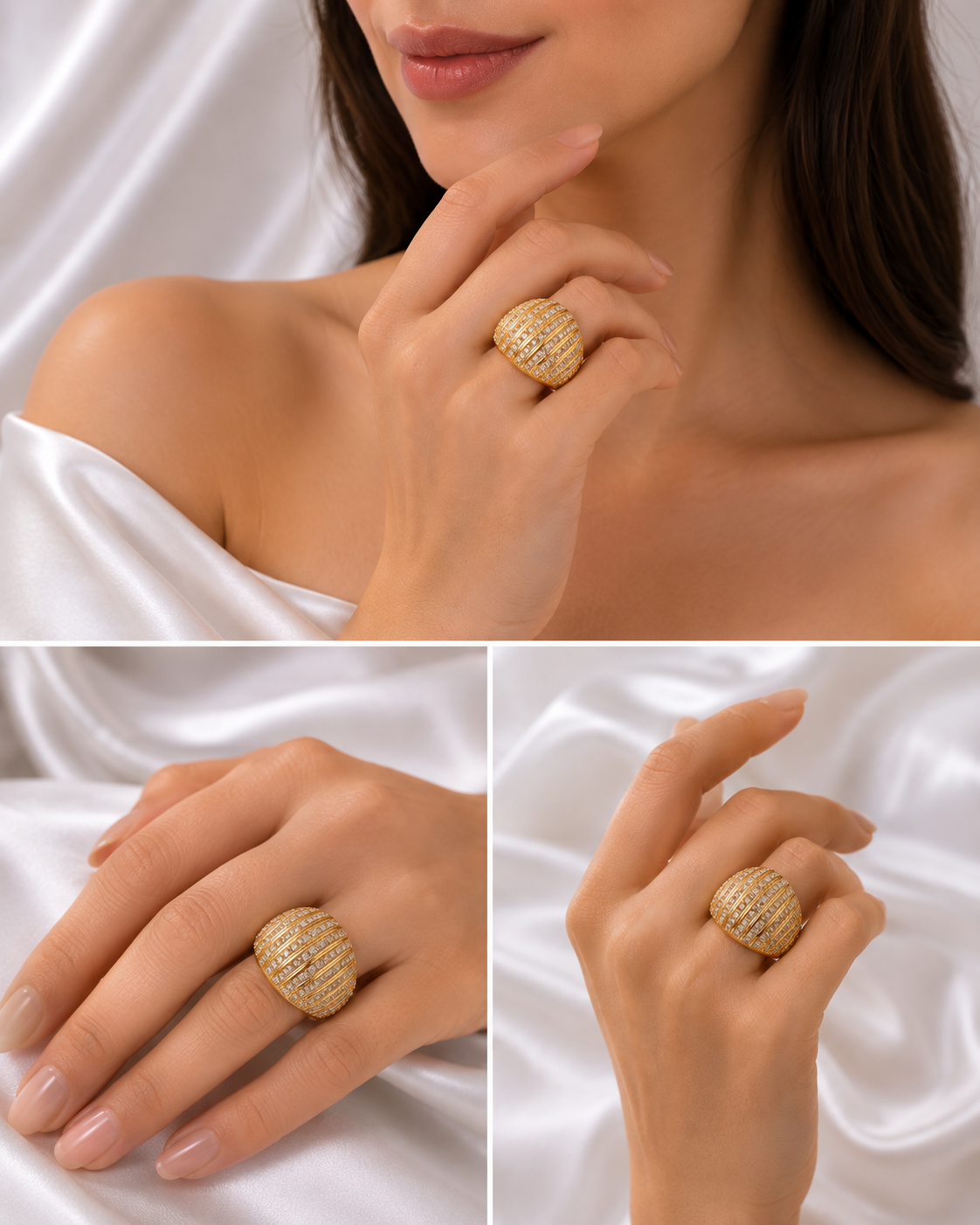 Zeroxo | 18K Gold Plated Arched Ribbed Dome Pave Cocktail Ring