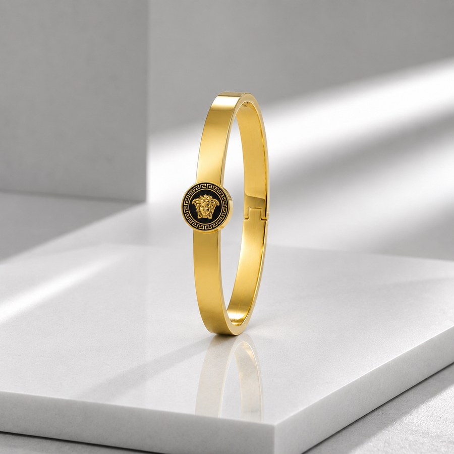 Zeroxo | 18K Gold Plated Greek Medusa Medallion Flat Cuff Bangle For Men