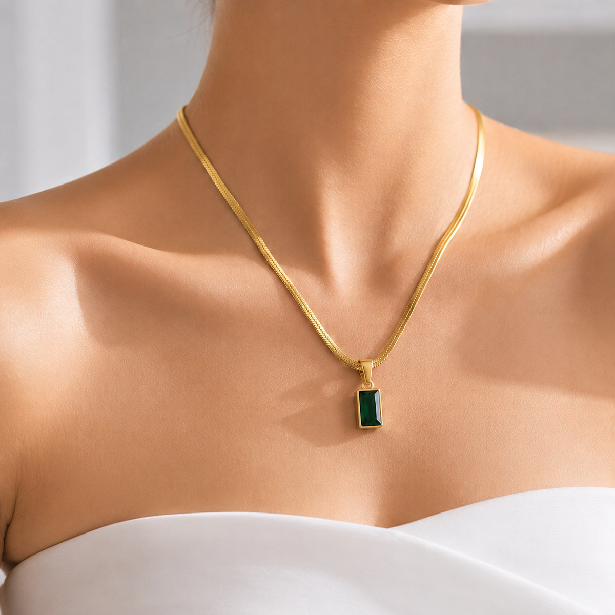 Zeroxo | 18K Gold Plated Emerald Green Baguette Pendant Snake Chain Necklace