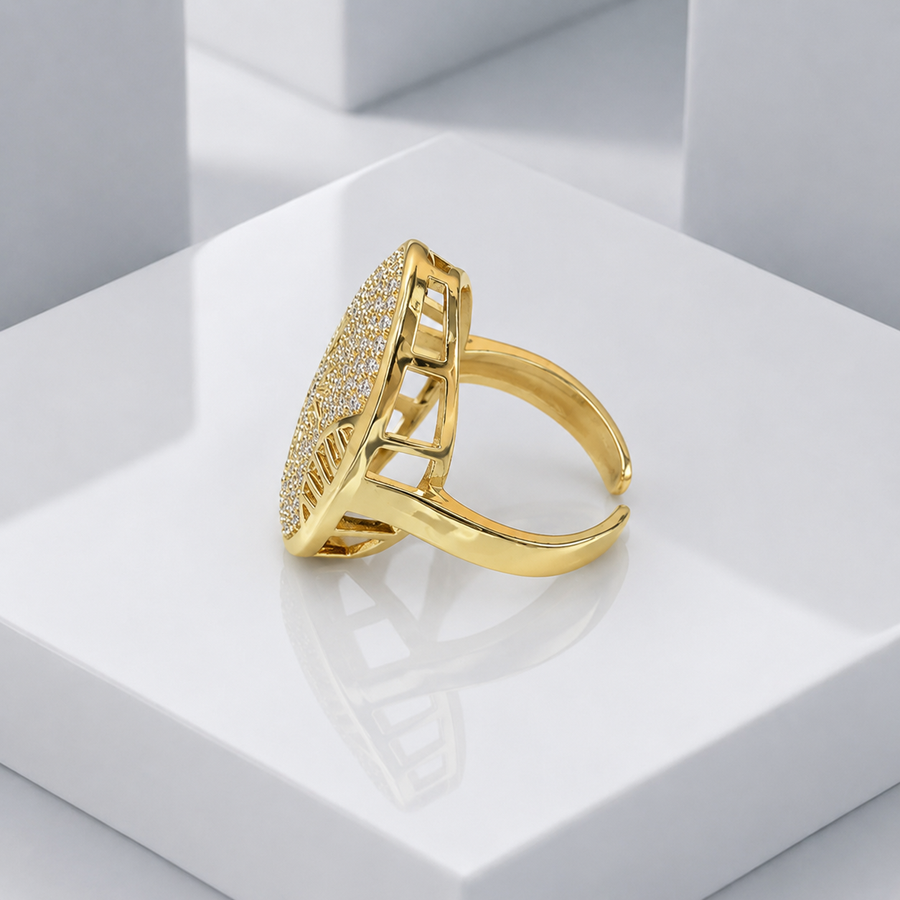 Zeroxo | 18K Gold Plated Celestial Sunburst Pave Oval Shield Ring