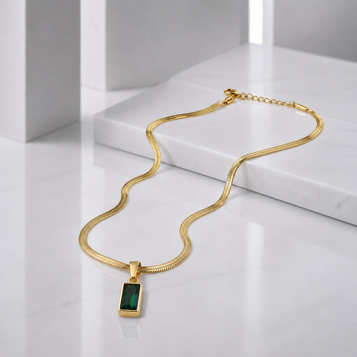 Zeroxo | 18K Gold Plated Emerald Green Baguette Pendant Snake Chain Necklace