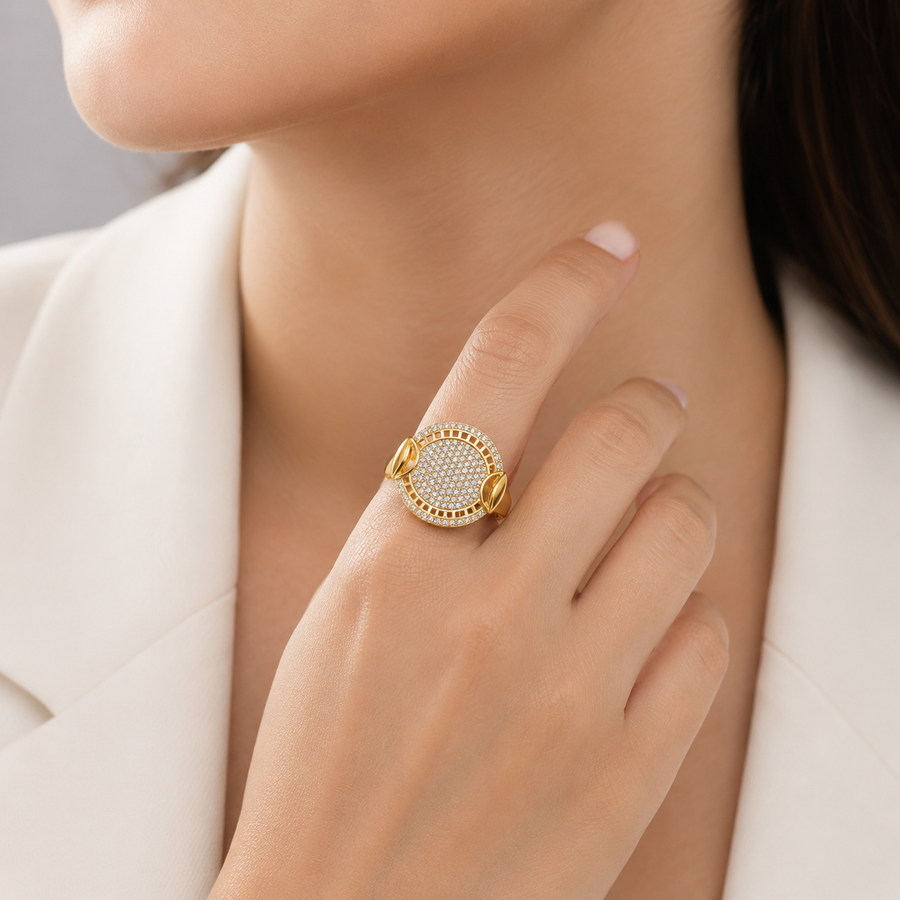 Zeroxo | 18K Gold Plated Double-Halo Micro-Pave Medallion Cocktail Ring