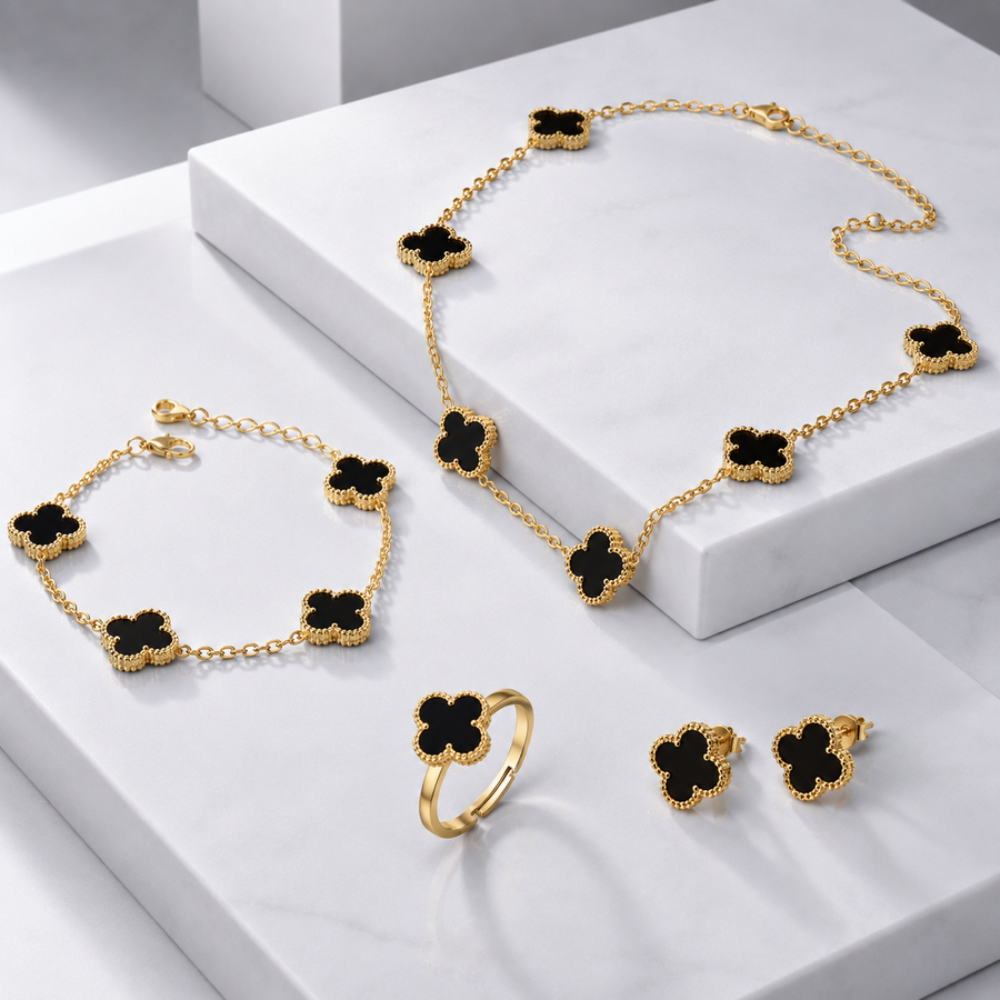 Zeroxo | 18K Gold Plated 4-Piece Black Clover Complete Jewellery Set