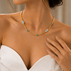 Zeroxo | 18K Gold Plated Evil Eye Station Mesh Chain Necklace