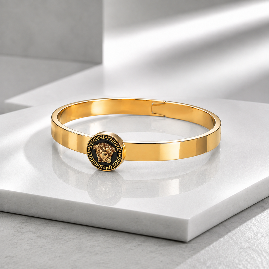 18K Gold Plated Greek Medusa Medallion Black Enamel Flat Cuff Bangle