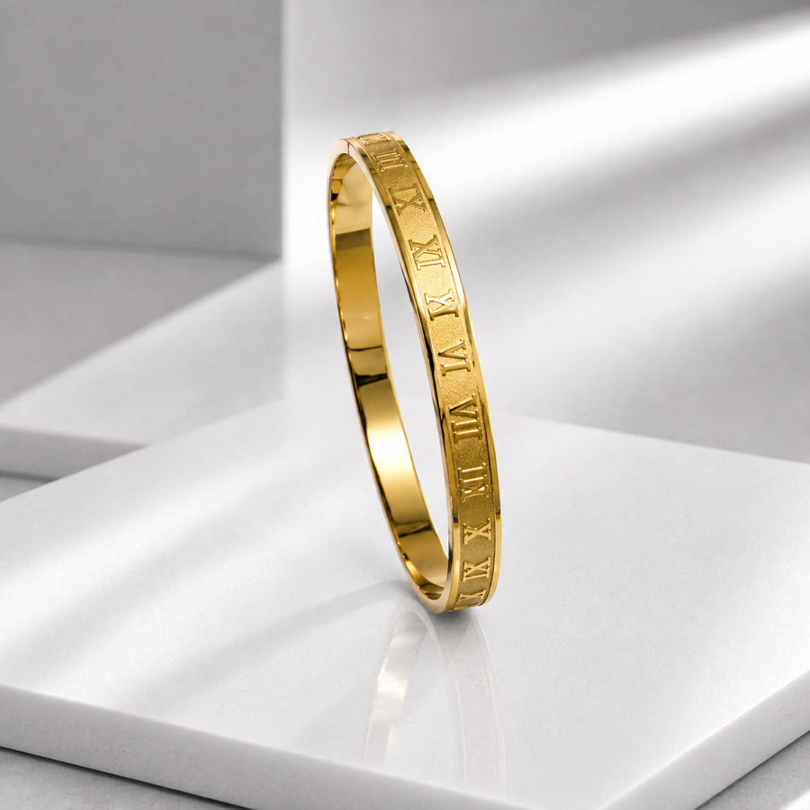 Zeroxo | 18K Gold Plated Matte Embossed Roman Numeral Bangle For Men