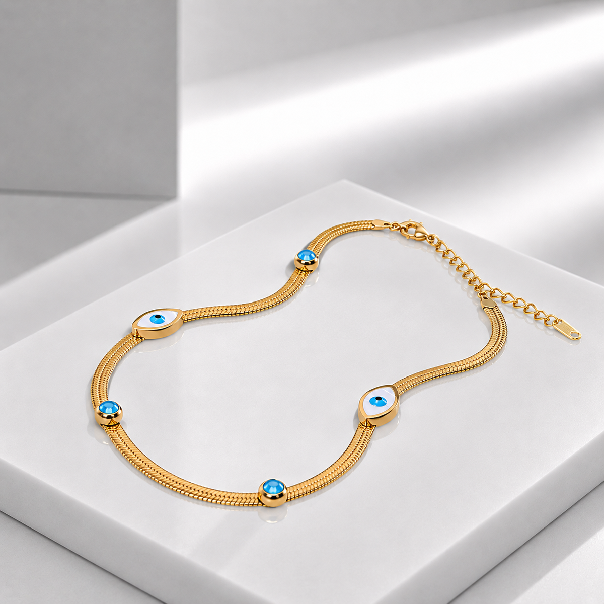 18K Gold Plated Evil Eye Station Mesh Chain Necklace with Turquoise Accents