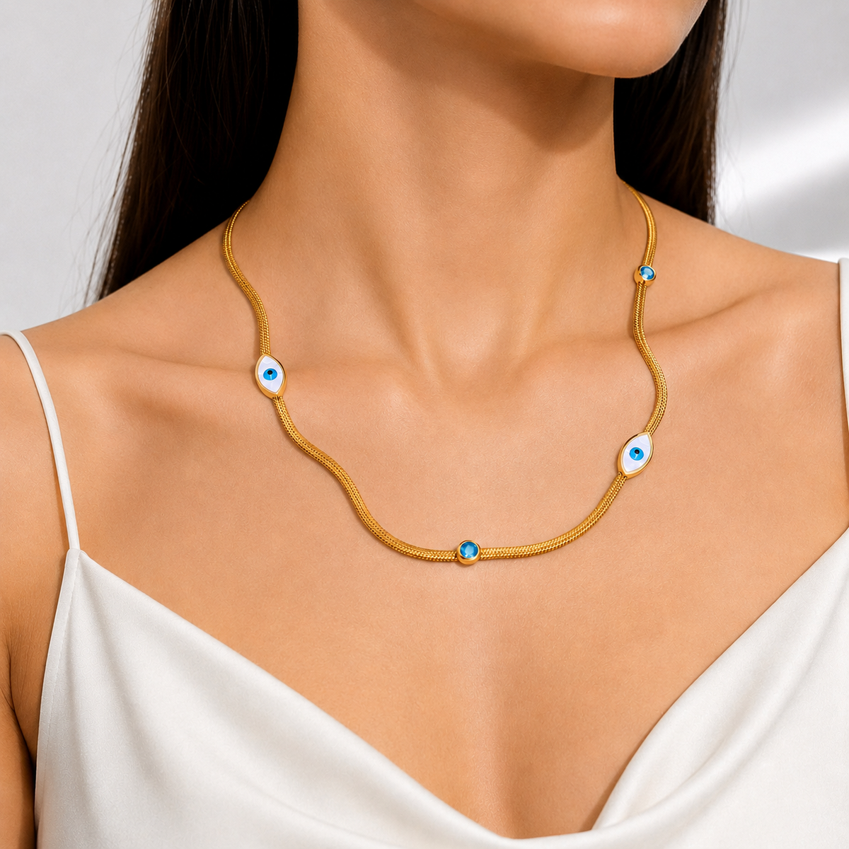 Zeroxo | 18K Gold Plated Evil Eye Station Mesh Chain Necklace