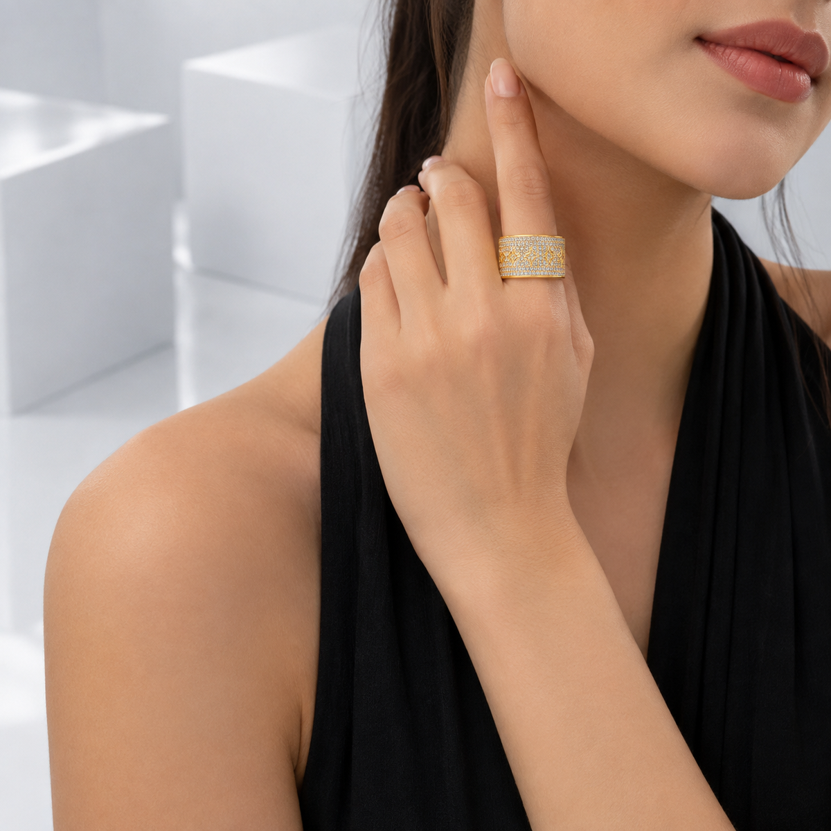 Zeroxo | 18K Gold Plated Wide Pave Geometric Star Open Ring