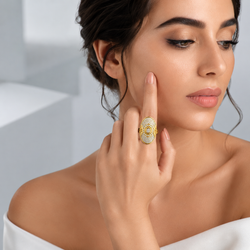 Zeroxo | 18K Gold Plated Celestial Sunburst Pave Oval Shield Ring