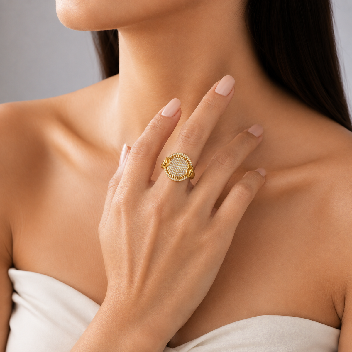 Zeroxo | 18K Gold Plated Double-Halo Micro-Pave Medallion Cocktail Ring