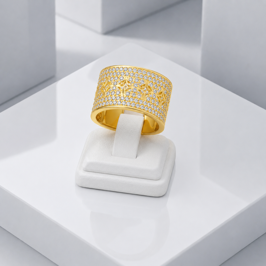 Zeroxo | 18K Gold Plated Wide Pave Geometric Star Open Ring