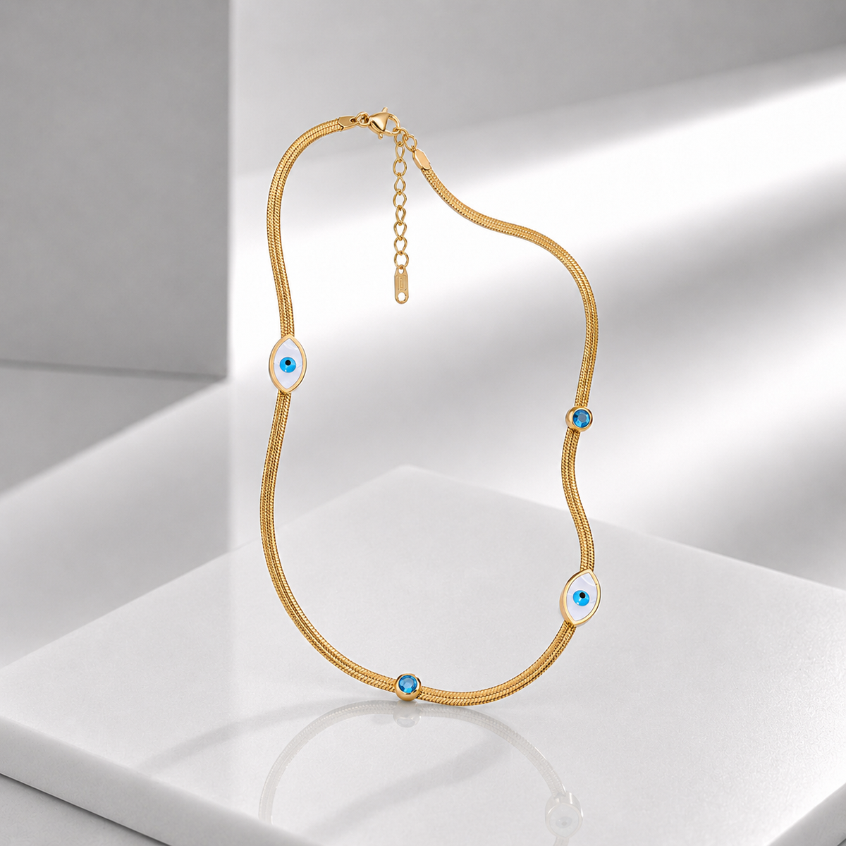 Zeroxo | 18K Gold Plated Evil Eye Station Mesh Chain Necklace