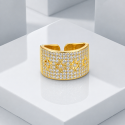 18K Gold Plated Wide Pave Geometric Star Cutout Open Adjustable Ring