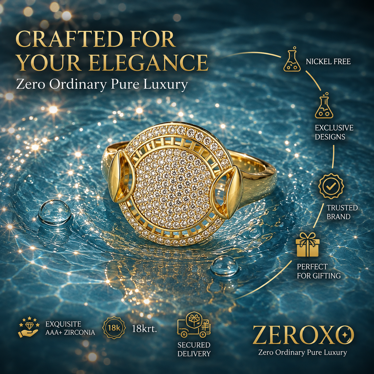Zeroxo | 18K Gold Plated Double-Halo Micro-Pave Medallion Cocktail Ring