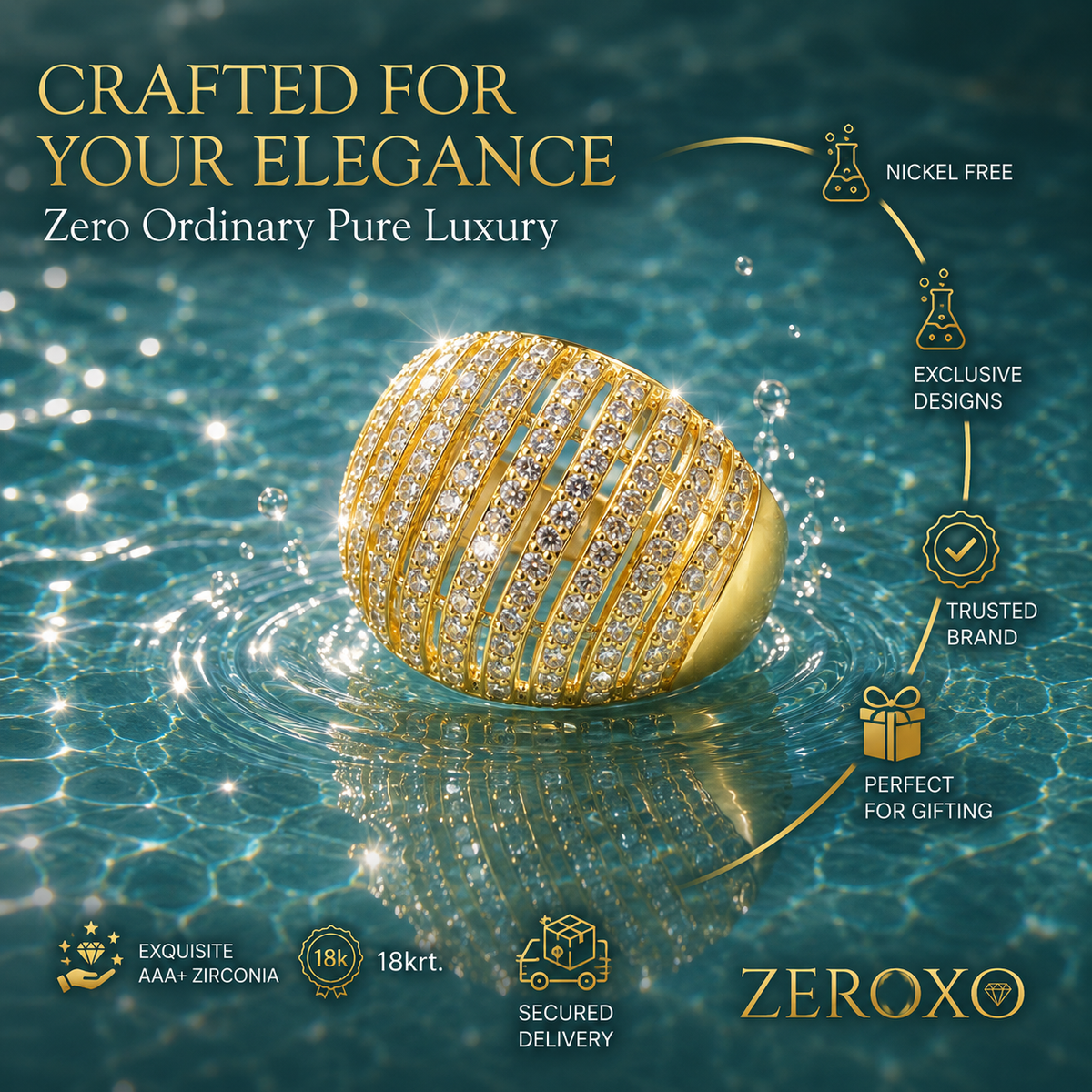 Zeroxo | 18K Gold Plated Arched Ribbed Dome Pave Cocktail Ring
