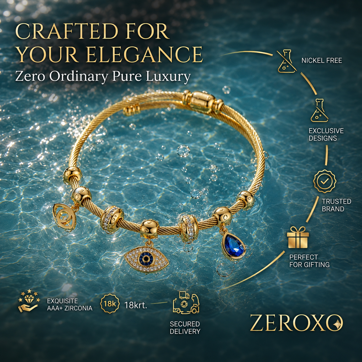 Zeroxo | 18K Gold Plated Evil Eye Twisted Cable Charm Bangle