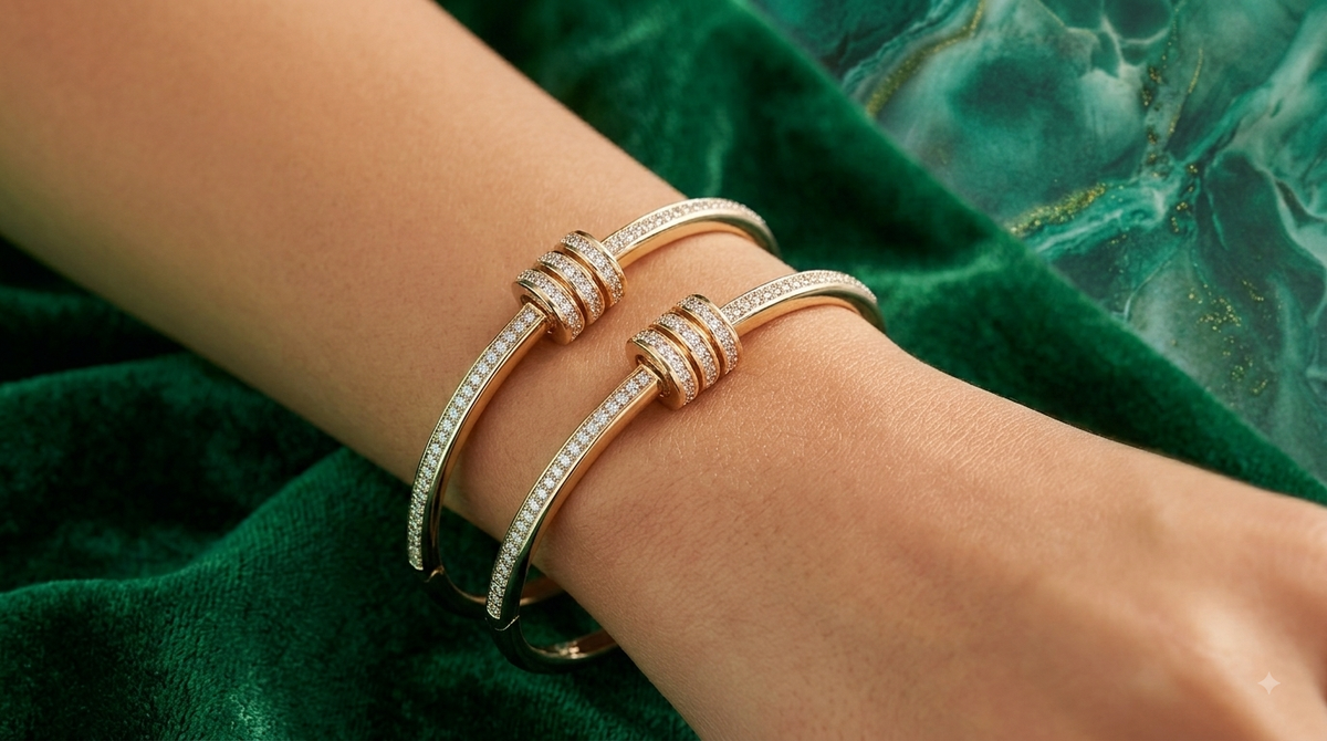 Zeroxo | 18K Gold Plated Triple-Row Pave Diamond Barrel Hinged Bangle