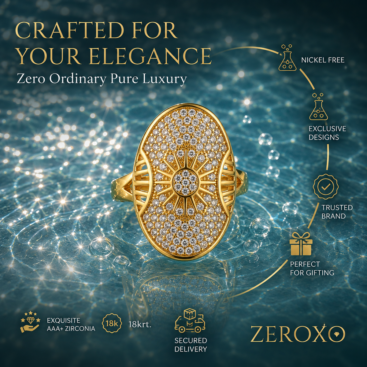 Zeroxo | 18K Gold Plated Celestial Sunburst Pave Oval Shield Ring