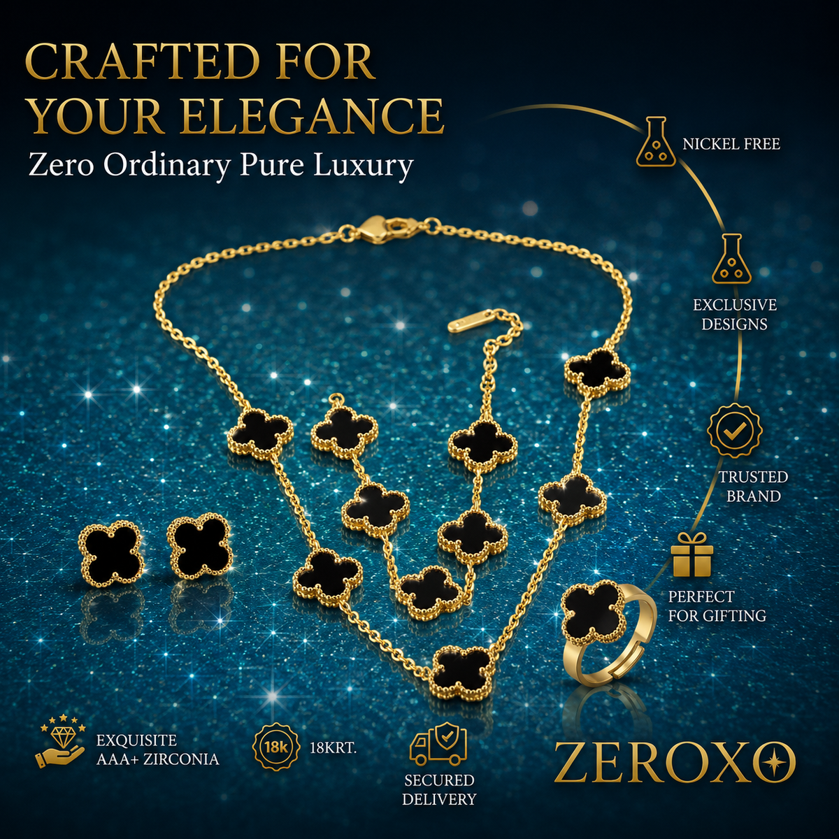 Zeroxo | 18K Gold Plated 4-Piece Black Clover Complete Jewellery Set
