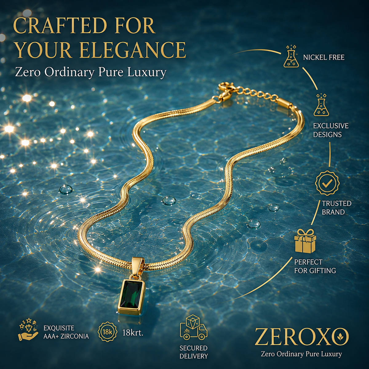 Zeroxo | 18K Gold Plated Emerald Green Baguette Pendant Snake Chain Necklace