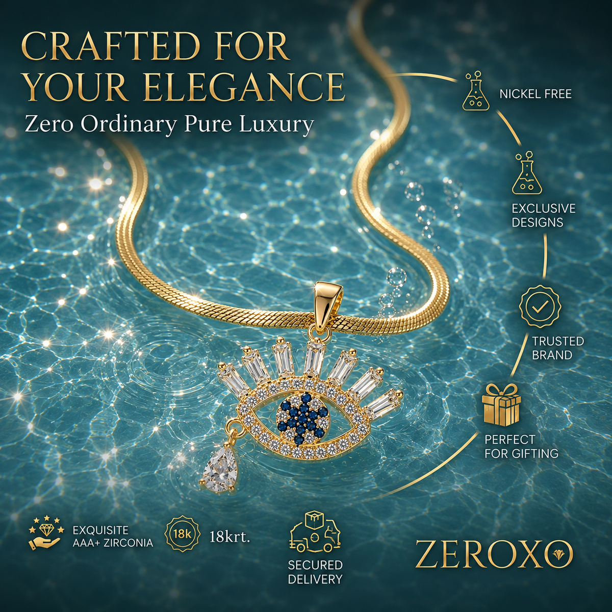 Zeroxo | 18K Gold Plated Evil Eye Baguette Crystal Pendant Snake Chain Necklace