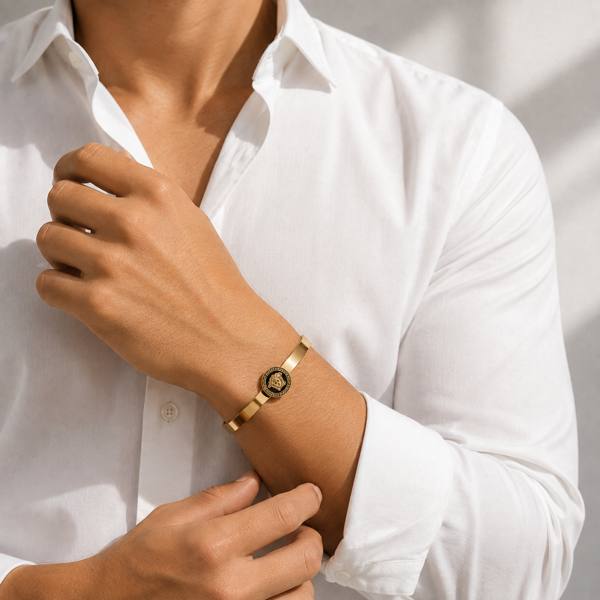 Zeroxo | 18K Gold Plated Greek Medusa Medallion Flat Cuff Bangle For Men