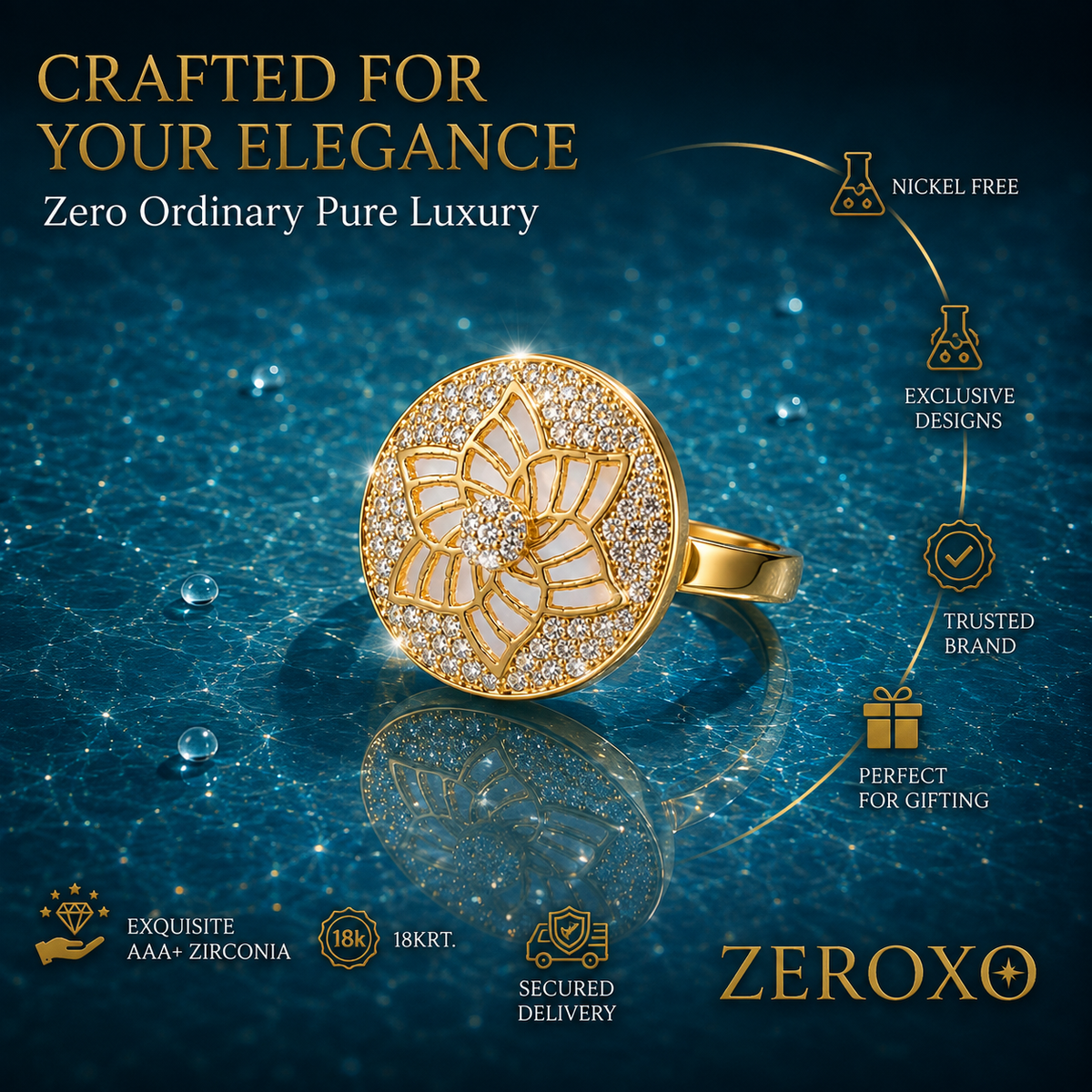 Zeroxo | 18K Gold Plated Floral Filigree Pave Medallion Cocktail Ring