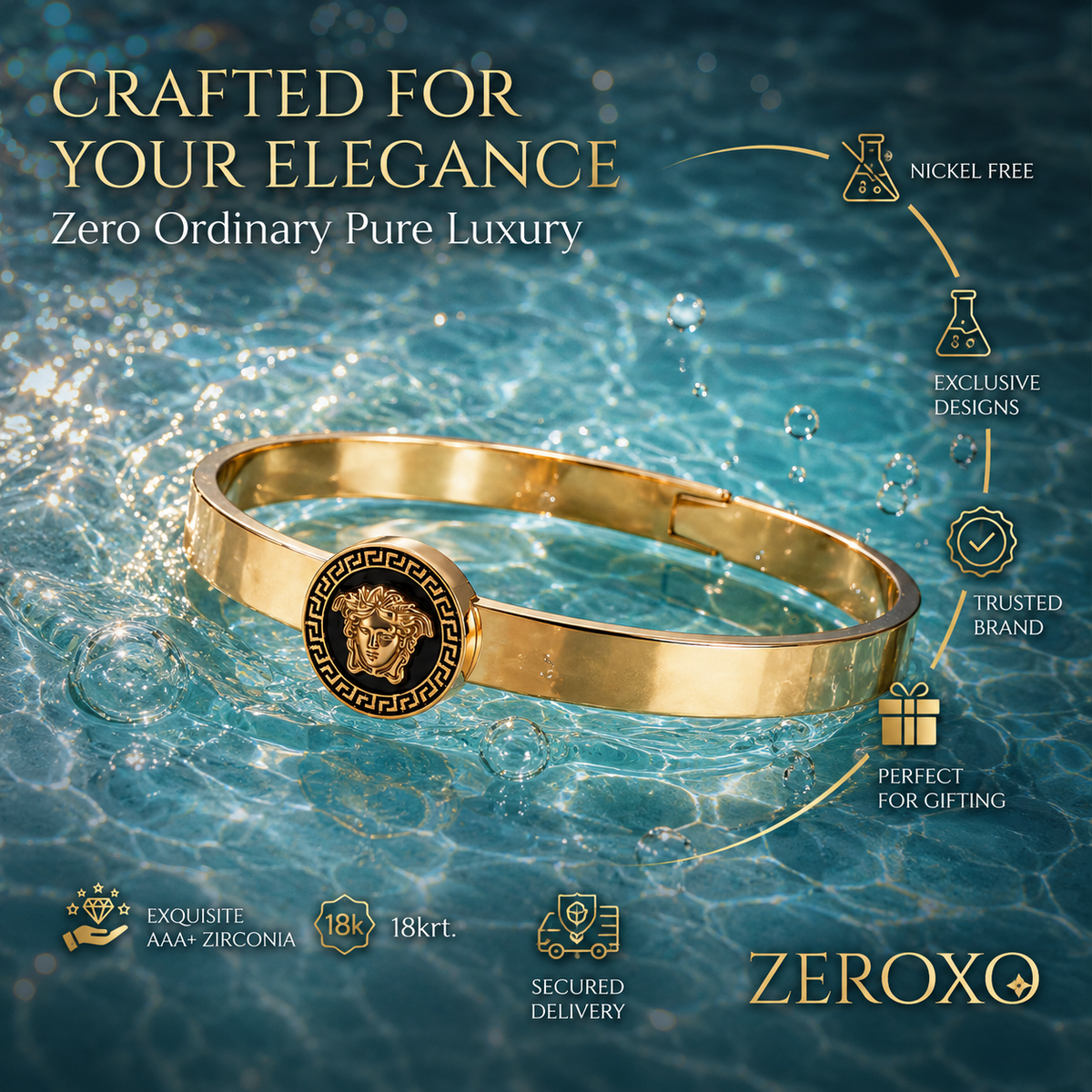 Zeroxo | 18K Gold Plated Greek Medusa Medallion Flat Cuff Bangle For Men