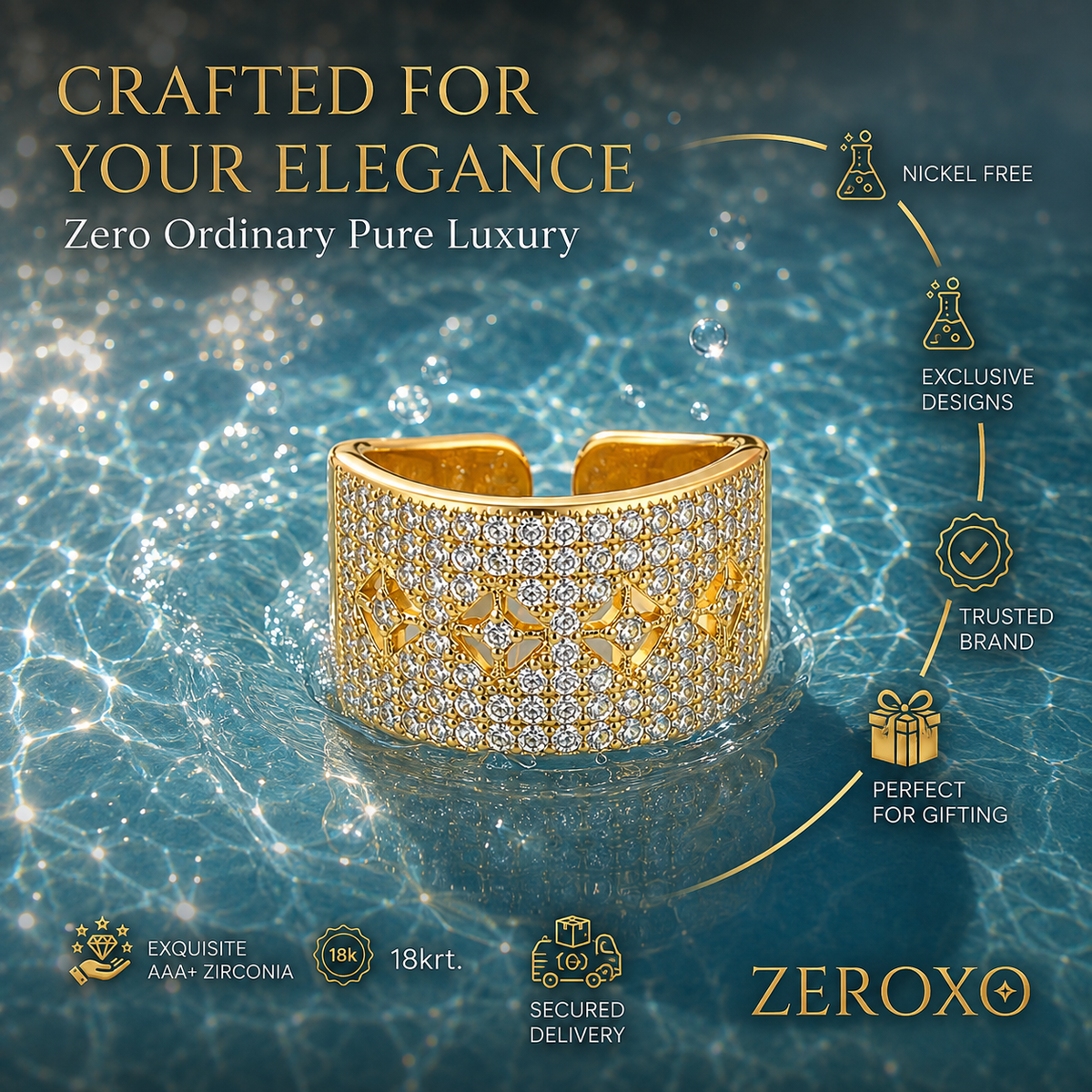 Zeroxo | 18K Gold Plated Wide Pave Geometric Star Open Ring